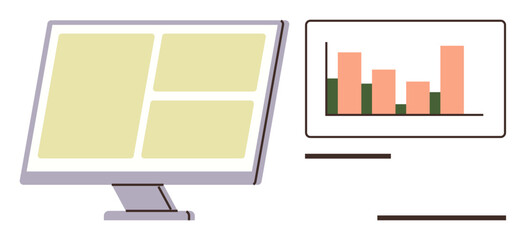 Desktop displaying segmented interface alongside a bar graph on external display. Ideal for analytics, dashboards, business insights, marketing data, growth, research, and teamwork. Simple flat