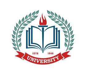 University and college academy icon or emblem. College team vector badge, academic education emblem. International university seal or icon with open book, fire torch, laurel wreath and red ribbon
