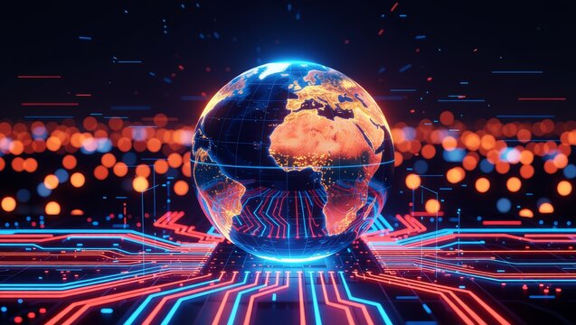 Digital globe on circuit board with glowing lights - Powered by Adobe