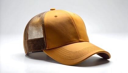 A single, tan-colored trucker hat rests on a white, reflective surface. The hat has a solid front and mesh back