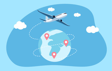 An airplane flying around the globe with location pins, symbolizing international travel, global connections, and worldwide destinations.
