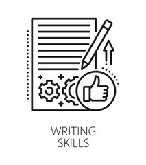 Writing life skills line icon or pictogram. Human quality outline vector icon, personal writing ability lineart pictogram. People life skills symbol or sign with paper page, pen and written text