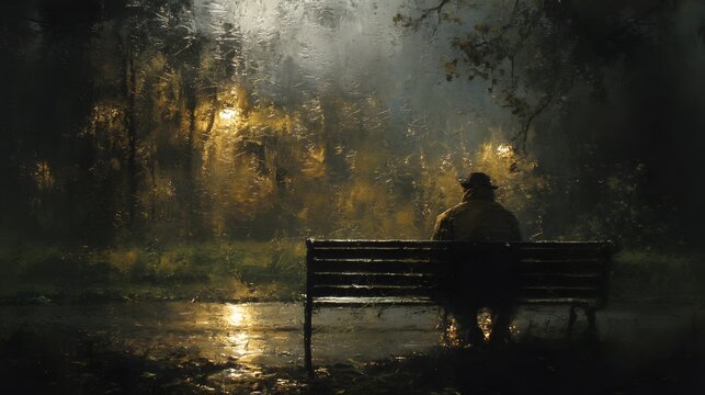 Solitary figure wearing a hat sits on a dark park bench during a rainy evening illuminated by streetlights
