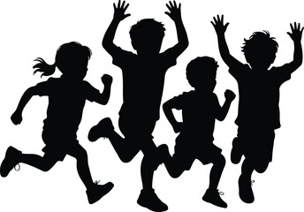 Group Of Children Running Together In Excitement With Arms Upraised And Legs In Motion On Isolated Background Expressing Childhood Joy