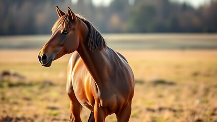 A majestic brown horse standing in an open field, side profile.