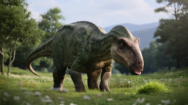A huge herbivorous dinosaur eats grass in a clearing.