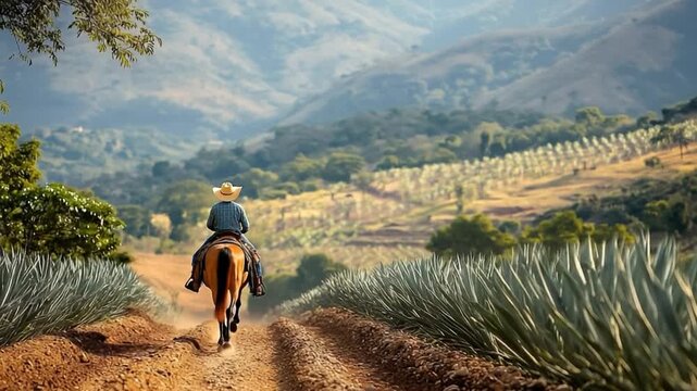 mexican Farmer on his horse walking in the agave seed field video
