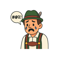 Sad man in traditional outfit crying with speech bubble. Emotional character expressing frustration and sorrow.