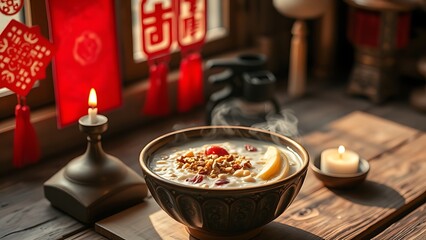 Steaming ceramic bowl of Laba porridge with grains and dried fruits on a rustic wooden table.