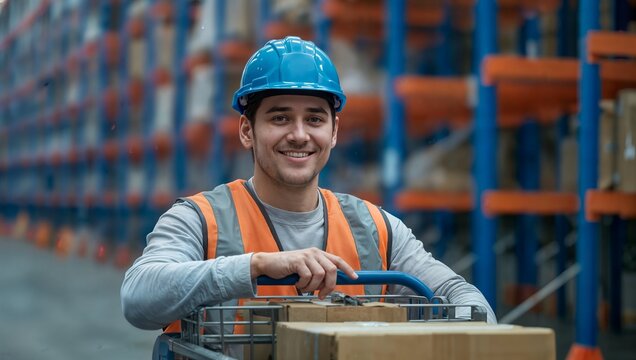 Happy male warehouse worker in blue hard hat and orange safety vest smiling, standing with a cart in a logistics facility.