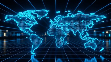 Digital pixelated world map on grid floor