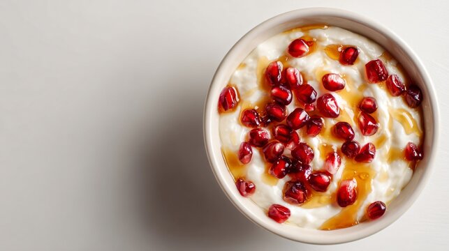 A minimal flat lay of yogurt bowl with pomegranate seeds and honey drizzle, bright neutral background, copy space for text