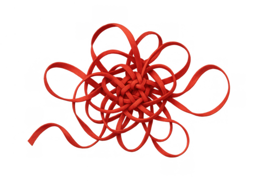 Intricately woven red chinese knot representing luck and prosperity, perfect for festive and cultural projects. Craft ornament with a transparent backdrop