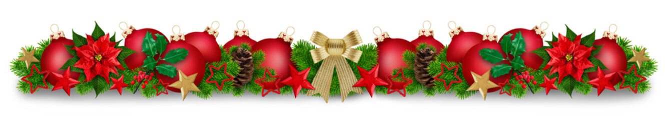 Red golden Christmas decoration balls and fir with transparent shadow isolated on transparent background PNG cut out