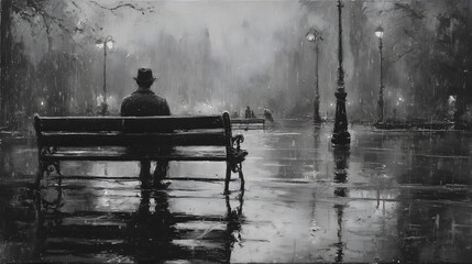 Impressionistic painting depicts a couple seated on a park bench illuminated by glowing streetlights after a rain.