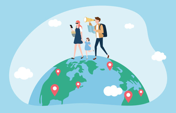 A family exploring the world, represented by a globe with location pins, symbolizing travel, adventure, and discovering new destinations together.