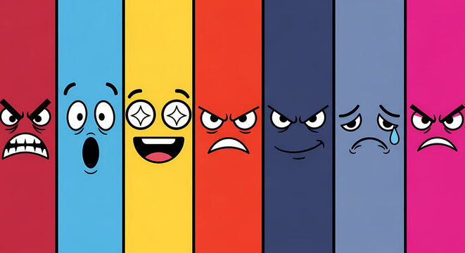 Colorful Cartoon Emotion Faces Representing Different Feelings and Expressions.