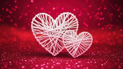 Fototapeta premium Two white string hearts on a sparkling red background