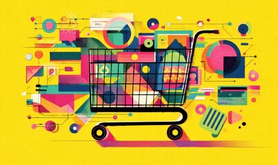 Colorful shopping cart illustration with abstract shapes on a yellow background.