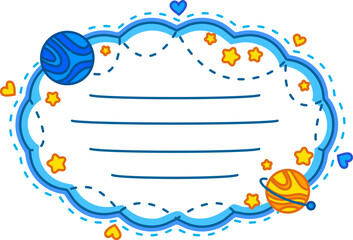 Sky clouds and space oval frame kids memo note template. Blue sky to do list frame, cosmos kids schedule vector memo note. Space galaxy scrapbook label with planets, blue cloud frame and stars