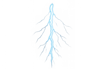 Blue lightning bolt discharging electrical energy during a storm, with branching electric current on transparent background