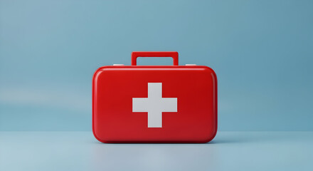 Obraz premium A bright red first aid kit on a blue background offers a sense of safety and preparedness for any medical emergency situation in a business 135