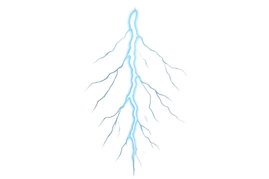 Blue lightning bolt discharging electrical energy during a storm, with branching electric current on transparent background