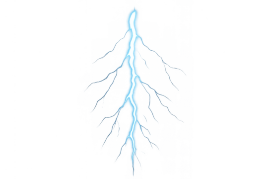 Blue lightning bolt discharging electrical energy during a storm, with branching electric current on transparent background
