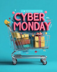 A shopping cart filled with colorful gift boxes on a blue background, with the words 'Cyber Monday' in bold, pink letters above.