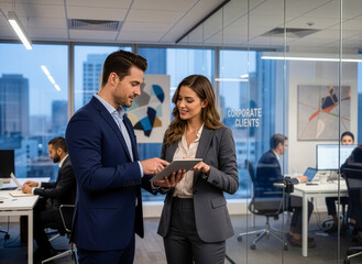Fototapeta premium Business partners holding a tablet and discussing project in modern office
