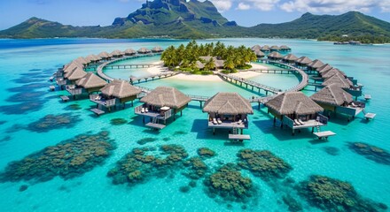 Luxury overwater bungalows in turquoise lagoon with lush island and mountain backdrop, perfect tropical vacation destination