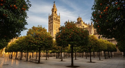 Stunning Seville Cathedral and orange trees bathed in golden sunlight, perfect for travel, tourism, and architectural designs