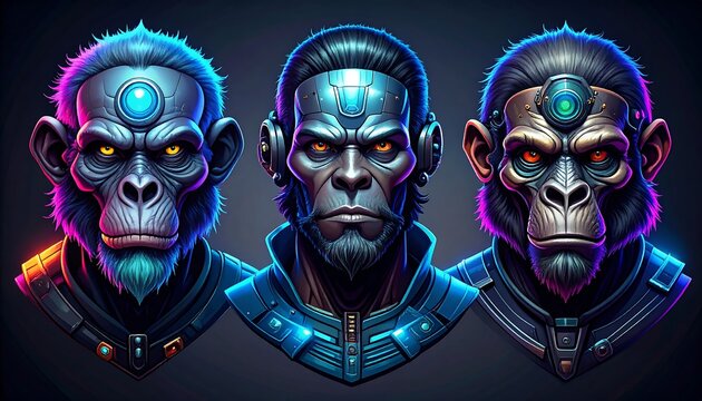Three portraits of ape-like humanoids with cybernetic enhancements and glowing eyes, set against a dark background - Powered by Adobe