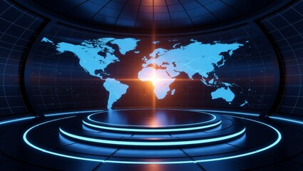 Futuristic control room with glowing world map display