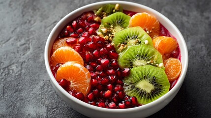 An overhead photo of smoothie bowl with seasonal fruits persimmon, kiwi, pomegranate graphic clean design