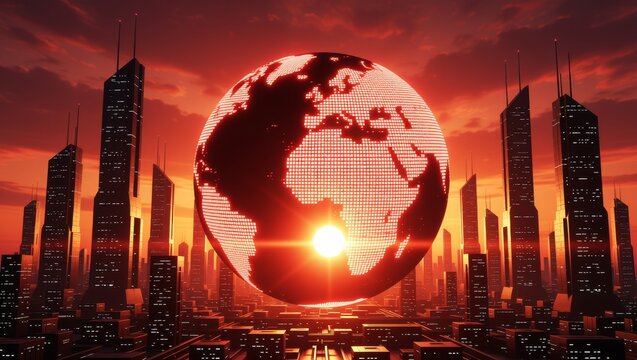 Digital globe over futuristic city at sunset - Powered by Adobe