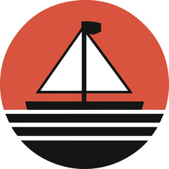 Sailboat on Sea with Sun Silhouette Ocean or Lake Boat Illustration Flat Design a Black and Red Image Vector Isolated on Transparent