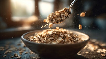 A spoon scooping from bowl of oats, frozen motion shot, shallow focus, moody natural light