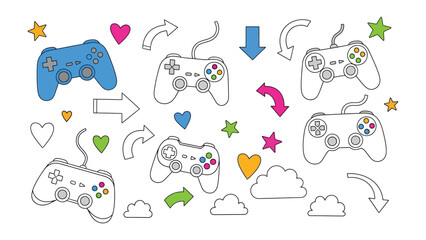 Joyful Game Controller Illustrations: This vibrant and playful illustration features a collection of colorful game controllers with surrounding design elements, ideal for themes of fun, technology.