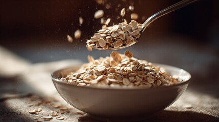 A spoon scooping from bowl of oats, frozen motion shot, shallow focus, moody natural light
