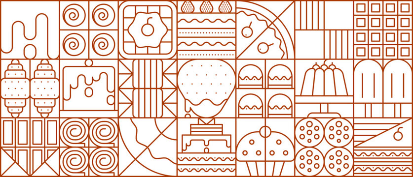 Dessert and cakes geometric pattern with muffin and candy, waffle and biscuits, pastry and cupcakes, ice cream, and chocolate, cookies and donuts. Vector linear grid background for bakeries or cafes