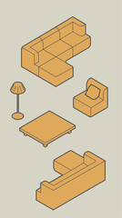 A versatile vector set showcasing modern furniture silhouettes in an isometric perspective. The collection includes sofas, a armchair, a table, and an floor lamp, all crisply isolated on a background