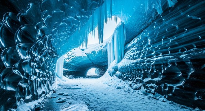 Dramatic icy blue ice cave with stunning icicles and glistening snow, perfect for travel and adventure concepts