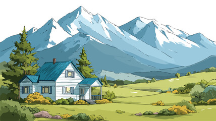 Obraz premium Scenic Landscape Painting with House and Mountains Vector