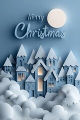 Merry Christmas snowy village paper art winter holiday design, illustration