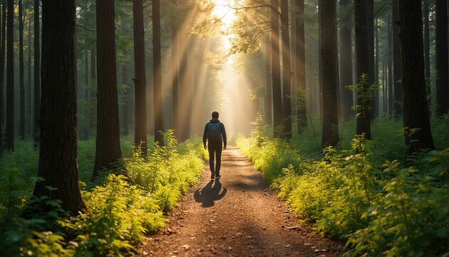 Person walks on a forest path bathed in sunlight. Plants lines the trail. Tall trees surround the lone figure. Gentle sunbeams filter through canopy. A peaceful journey awaits.