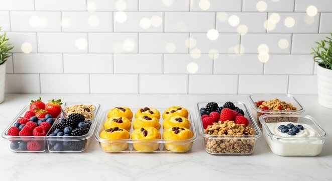 Healthy Meal Prep Containers with Berries, Muffins, and Yogurt.