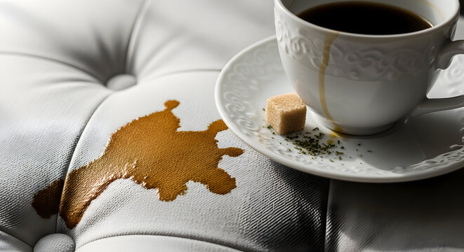 Showcasing a coffee spill on a pristine white leather sofa, highlighting the need for stain removal and upholstery cleaning services at home now.
