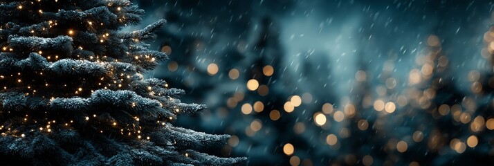 Christmas tree branches covered in snow, decorated with red berries and pine cones, with bokeh lights, copy space