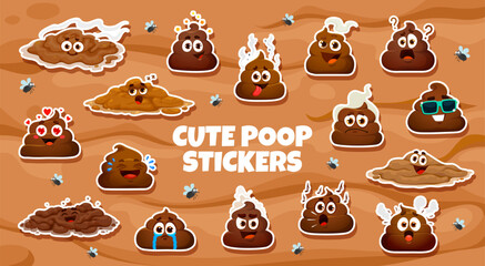Cartoon poop emoji stickers pack, vector kawaii meme poop characters with eyes and happy, crying and confused, in love and shocked emotions. Funny poo and shit emojis with flies on mud background